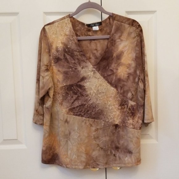 Brown and Tan cafe length sleeve top - Picture 1 of 5